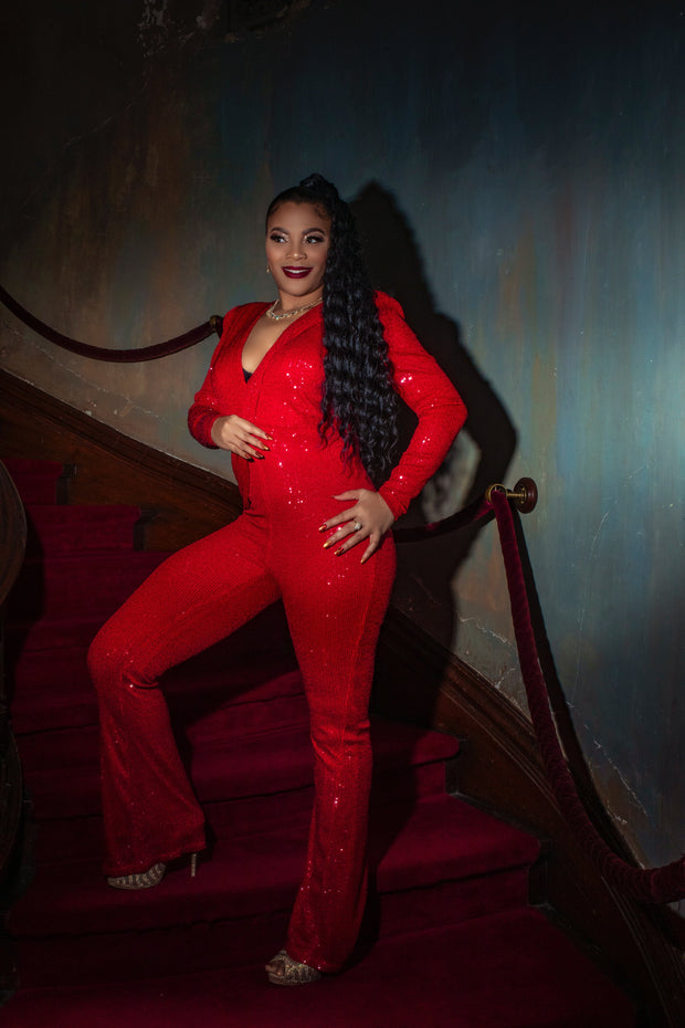 Flashing Lights Sequin Jumpsuit (Red)